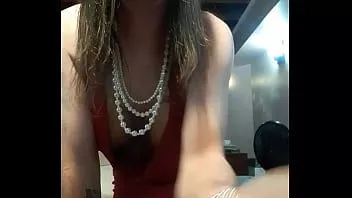 Play Jade in a red halter dress pleasing hurself to climax